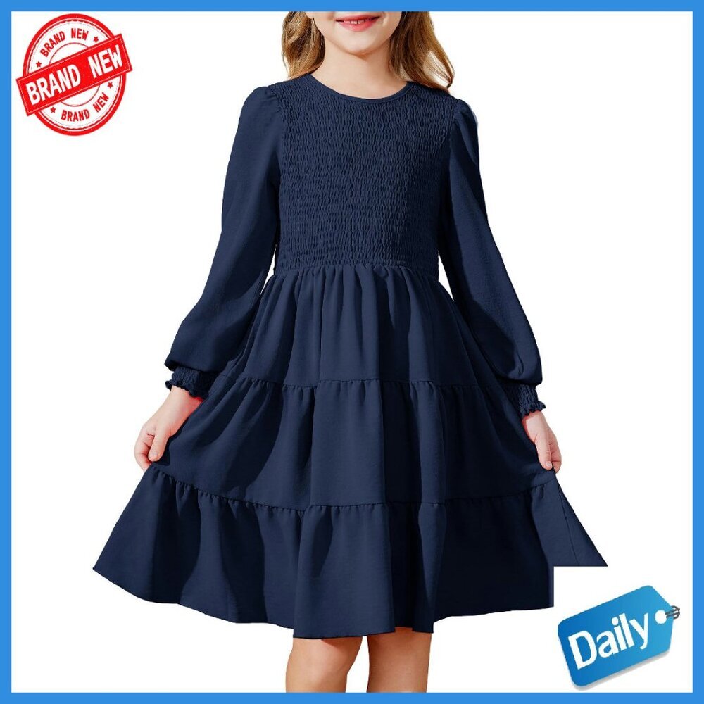 Girls Long Sleeve Boho Party Dress with Pockets Tiered Smocked